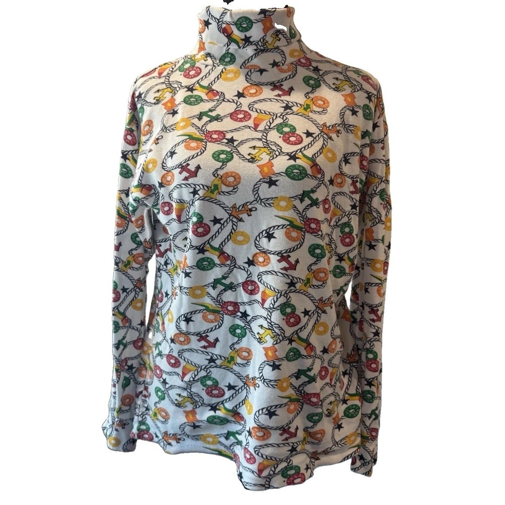 Vintage Eagles Eye Turtleneck Top Large Retro Lifesaver Nautical Print Cozy